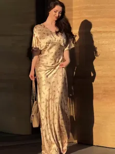 Vestito Maxi in Raso a Stampa Floreale Vintage da Donna Elegante Scollo a V Manica Corta Sexy Estate Festa Abito Lungo a Trapezio Poliestere
