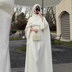 Eleganter Polyester Künstliche Perle Perlenbesetzt Maxi Kleid Langarm Glockenärmel Hohe Taille Abaya Stil Kleid Für Damen