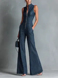 Retro dark blue sleeveless slim fit high neck denim jumpsuit with front zipper detail