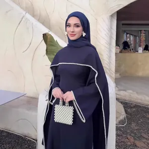 Elegantes dunkelblaues langärmliges Maxikleid mit Perlenbesatz für Damen