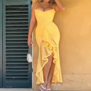 Detailed view of elegant yellow ruffled spaghetti strap dress for women's fashion.