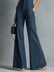 Retro dark blue denim jumpsuit with front zipper and flared wide leg design