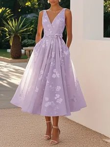Detailed view of a lavender V-neck floral sleeveless midi dress for formal occasions