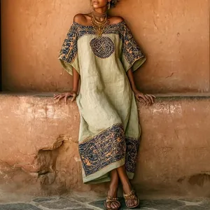 Detailed view of women's bohemian printed loose maxi dress with ethnic patterns