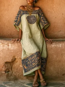 Detailed view of bohemian printed loose dress with ethnic patterns and linen texture