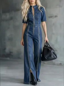 Combinaison en Denim pour Femmes Coton Biologique Manches Courtes Coupe Ajustée Taille Haute Jambe Large Avec Design à Fermeture Éclair Casual Streetwear