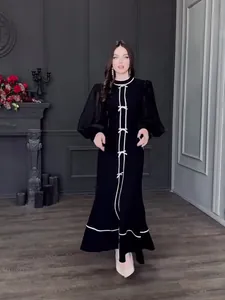 Robe Longue Maxi Élégante en Patchwork avec Nœud et Strass pour Femmes Demi Col Roulé Manches Lanterne Noir Blanc