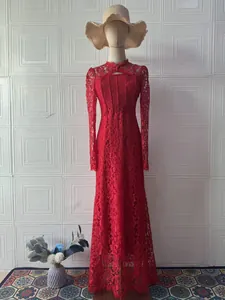 Elegant red Victorian-style lace maxi dress with long sleeves displayed on a mannequin.