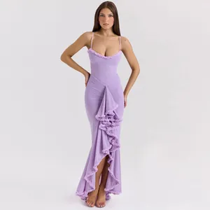 Elegant lavender sleeveless long maxi dress with ruffled hem and spaghetti straps