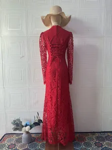 Elegant Victorian style red lace long sleeve maxi dress featuring detailed back lace-up design