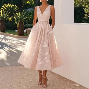 Robe Midi Femme Élégante Col en V Sans Manches Imprimé Floral Numérique Taille Haute Trapèze Soirée Banquet Robe