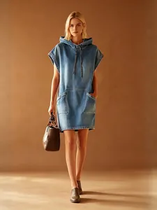 Vestido vaquero casual con capucha para mujer, corte holgado sin mangas y con bolsillos