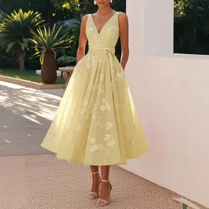Robe de soirée élégante sans manches à col en V jaune avec imprimé fleuri pour femme