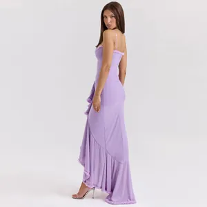Side view of an elegant lilac ruched maxi dress with delicate spaghetti straps and ruffles