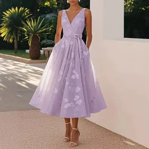 Robe de soirée élégante sans manches à fleurs lavande avec col en V pour femmes chic