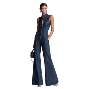 Vintage dark blue sleeveless denim jumpsuit with front zipper and slim fit high neck design