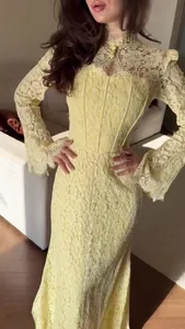 Elegant yellow Victorian style lace long sleeve dress with intricate floral details