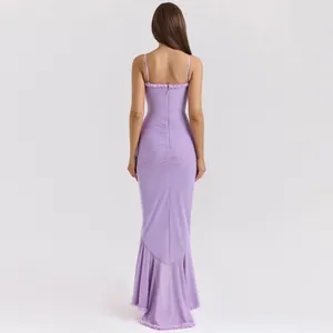 Back view of a elegant lavender sleeveless dress with ruched details and mermaid hemline