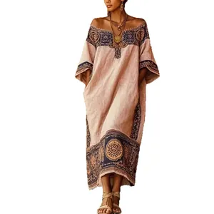 Elegant bohemian printed loose maxi dress for women featuring an off-shoulder neckline