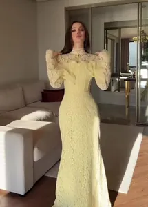 Elegant Victorian style yellow lace gown featuring high neck and long puffed sleeves.