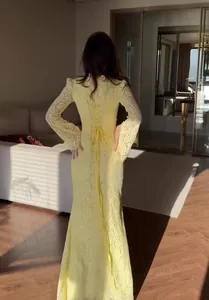 Detailed back view of an elegant yellow Victorian lace dress featuring a lace-up ribbon tie