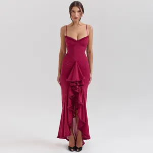 Elegant red sleeveless spaghetti strap long dress with ruffled front detail.