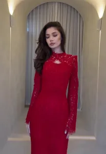 Elegant red lace maxi dress with Victorian high neck and long sleeves for formal events