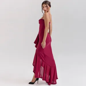 Elegant wine red ruffled slip maxi dress featuring intricate asymmetrical hem ruffles
