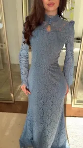 Elegant Victorian-style light blue lace long-sleeved evening dress with high neckline.