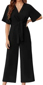 Elegant black V-neck short-sleeved jumpsuit with waist tie and wide-leg design detail