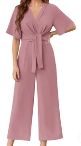 Elegant mauve pink V-neck short sleeve jumpsuit featuring a stylish front waist tie design