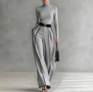 Elegant grey turtleneck and high-waist wide-leg pants two-piece set for autumn.