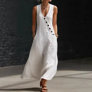 Robe Midi Décontractée pour Femmes Col en V Profond Sans Manches Mélange Coton Lin Coupe Ample Couleur Unie Bouton Diagonal Robe Longue