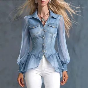 Haut en denim avec manches en maille transparente et ourlet à basque féminin élégant