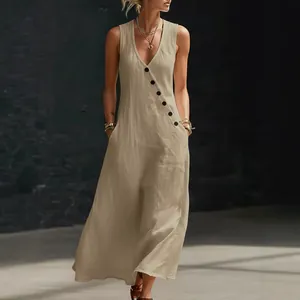 Robe longue élégante kaki sans manches à col en V avec boutons diagonaux pour les vacances d'été