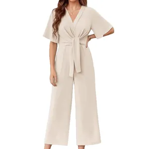 Elegant solid color V-neck short sleeve jumpsuit with tie waist and wide leg cut