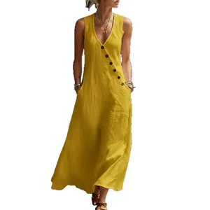 Robe longue jaune décontractée sans manches à col en V avec boutons pour les vacances