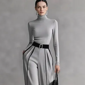 Chic gray turtleneck two-piece set for women with striped high-waisted wide leg pants