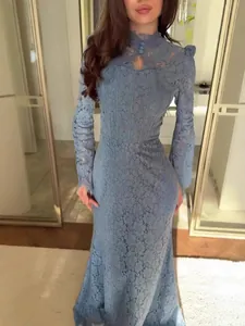 Elegant Victorian style blue lace long-sleeved maxi dress for formal evening parties