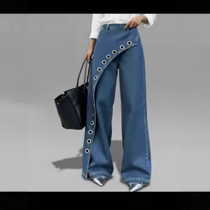 Wide Leg Jeans For Women High Waist Design Asymmetric Grommet Decor Denim Pants Straight Casual Streetwear Washed Trousers