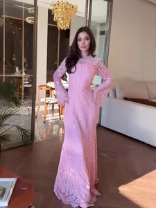 Victorian style elegant pink lace long sleeve maxi dress for luxury evening parties