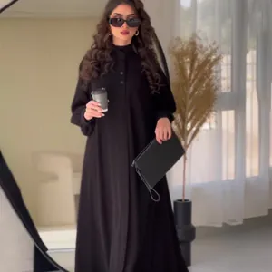 Women's Solid Black Polyester Maxi Dress Long Sleeve Mock Neck Abaya Style A-Line Single Breasted Commuting Streetwear Gown