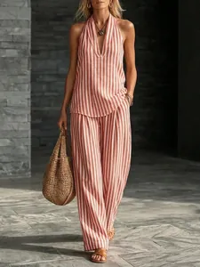Set estivo due pezzi con top a righe allacciato al collo e pantaloni a gamba larga