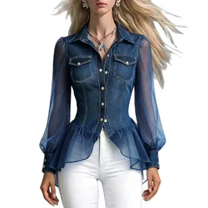 Haut en denim ajusté avec manches bouffantes transparentes et col à revers élégant