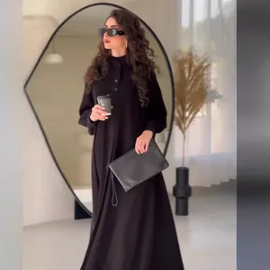 Elegant black long-sleeved maxi dress with A-line swing skirt for women street fashion