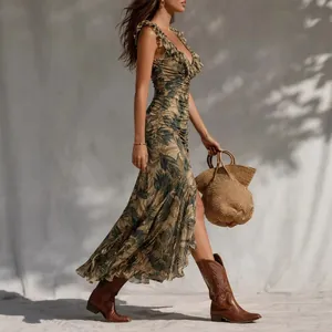 Tropical leaf print sleeveless V-neck maxi dress with high side slit for vacation