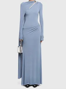 Vestido Maxi Fruncido Asimétrico Elegante Mujer Ajustado Manga Larga Volantes Vestido de Noche Lujo Color Sólido Fiesta Otoño