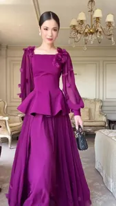 Elegant purple long-sleeved two-piece dress set with floral shoulder details