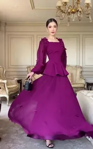 Elegant purple long sleeve peplum dress set with floral details for autumn 2025 occasion.