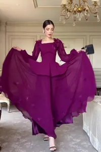 Elegant deep purple long-sleeved maxi dress set featuring exquisite 3D floral applique details